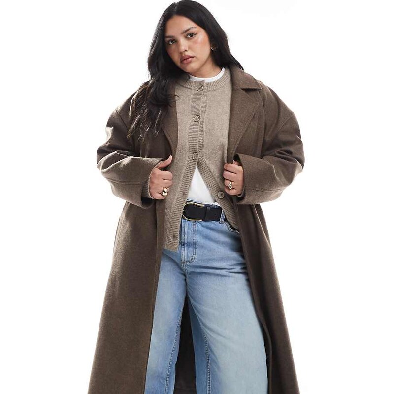 Brave Soul Plus faux wool longline belted overcoat in brown 109606783