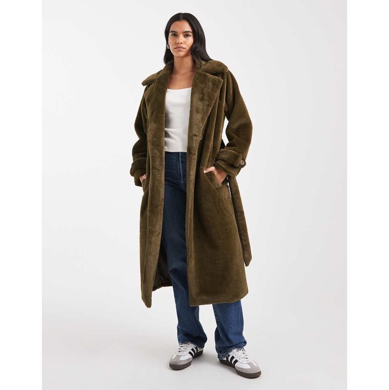 Wednesdays Girl belted faux shearling midaxi coat in deep olive
