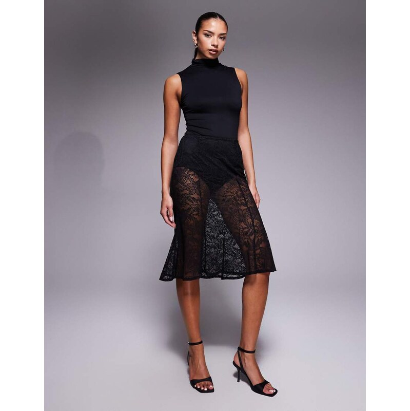 AFRM knee length lace skirt with inbuilt shorts in black 109606864