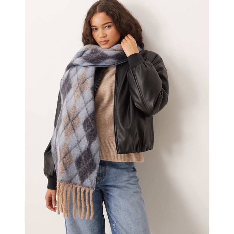 Mango scarf with tassles in blue argyle 109606906