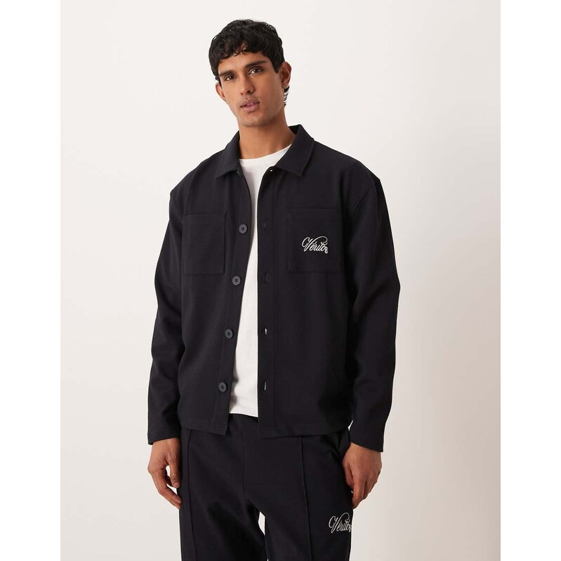 ASOS DESIGN oversized jacquard shacket with embroidery in navy