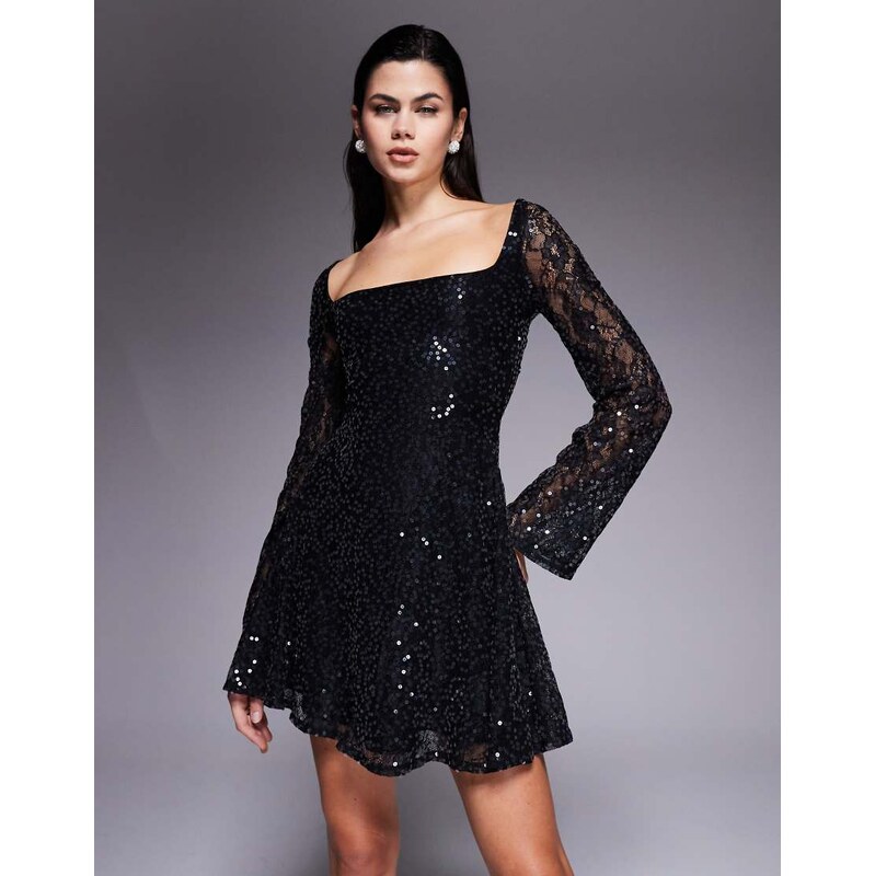 ASOS DESIGN sequin square neck mini dress with fluted sleeves in