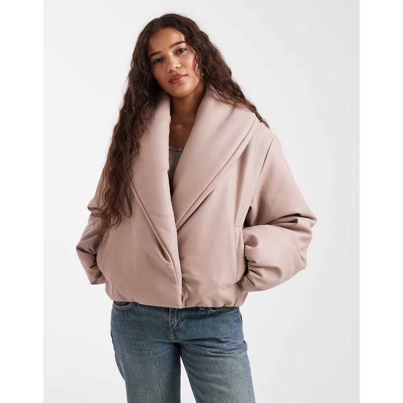 Miss Selfridge faux leather crop puffer in stone-Neutral
