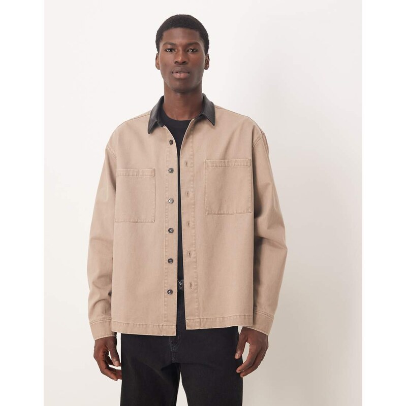 ASOS DESIGN oversized shirt with faux leather collar in taupe