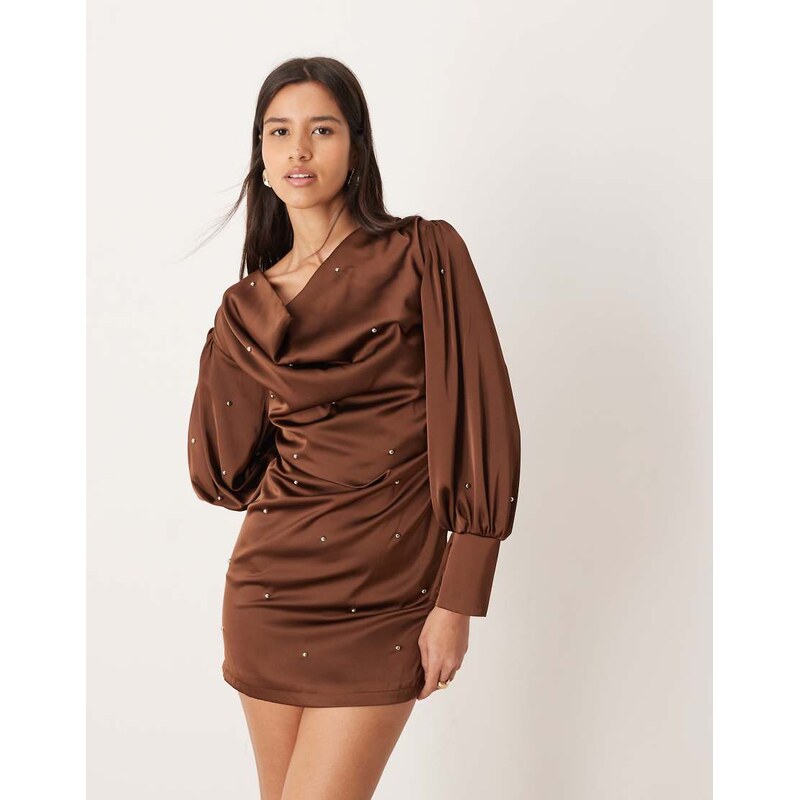 Ghospell cowl front balloon sleeve satin studded mini dress in brown 110318918