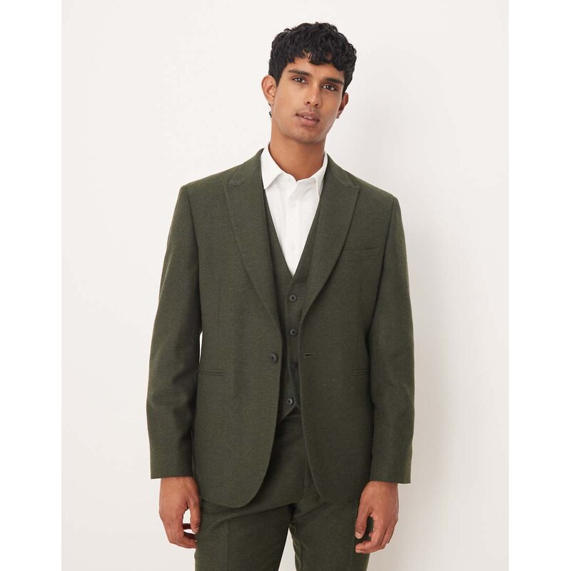 ASOS DESIGN slim herringbone suit jacket with wool in dark green