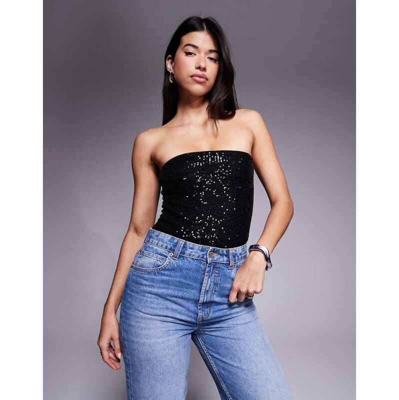 ASOS DESIGN allover sequin bandeau bodysuit in black
