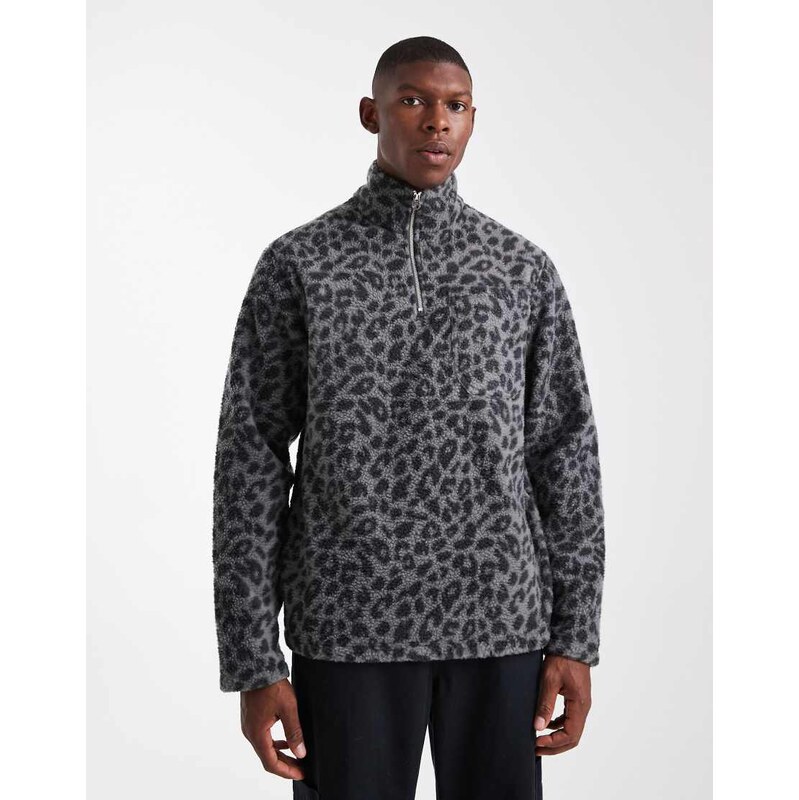 Jack & Jones 1/4 zip fleece in leopard-Grey