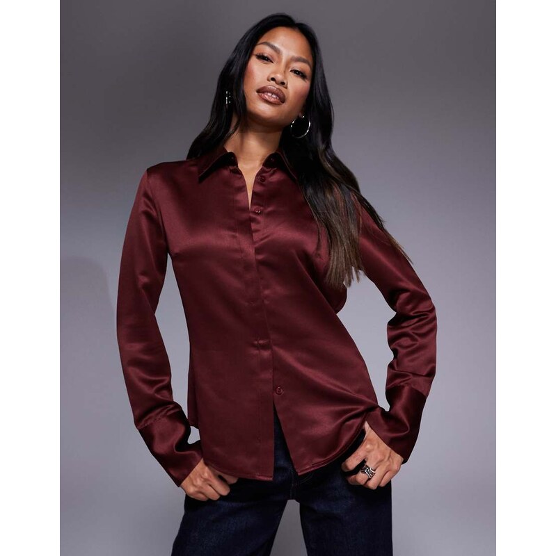 ASOS DESIGN slim fitted satin shirt in burgundy-Red