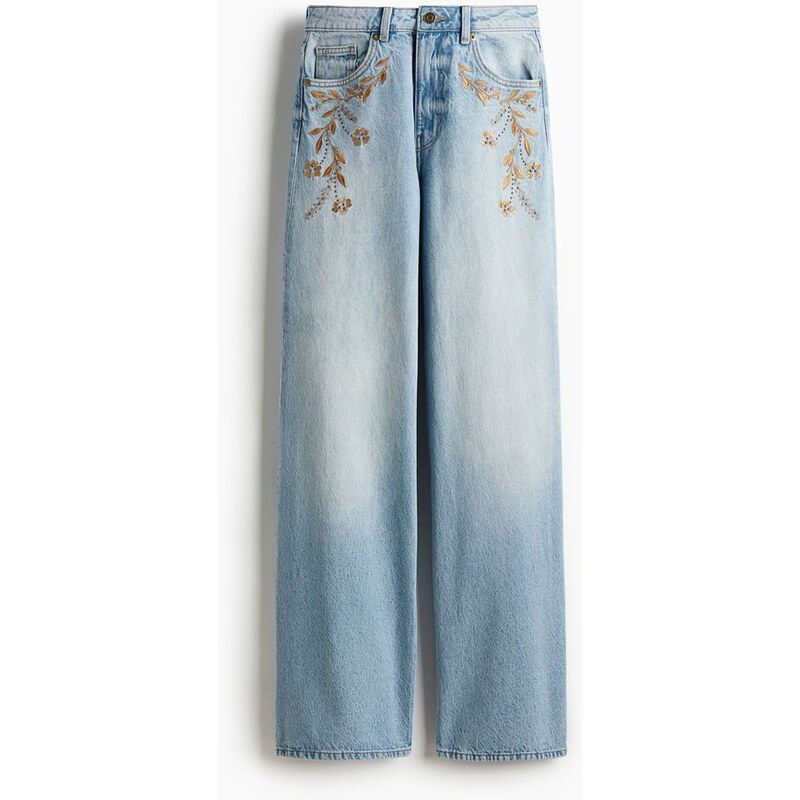 H&M - Wide Ultra High Jeans - Světlý Denim Blue/Květiny