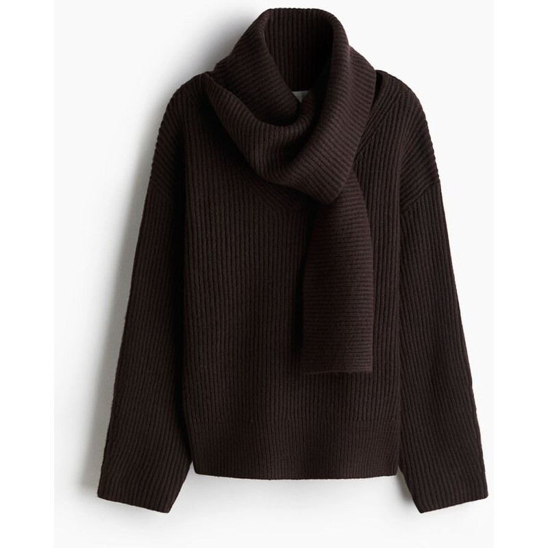 H&M - Svetr z žebrovaného úpletus šálovým límcem - Tmavě Hnědá