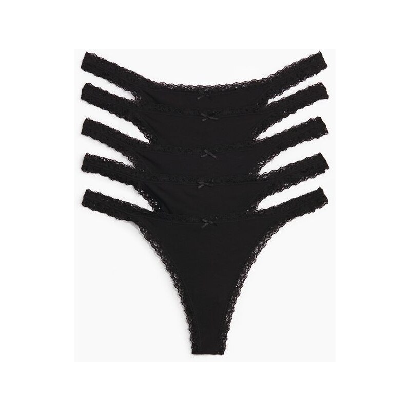 H&M - Bavlněné kalhotky tanga thong 5 kusů - Černá