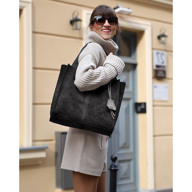 GENUINE LEATHER Kožená shopper bag kabelka Mazzini 139MM černá 110525909