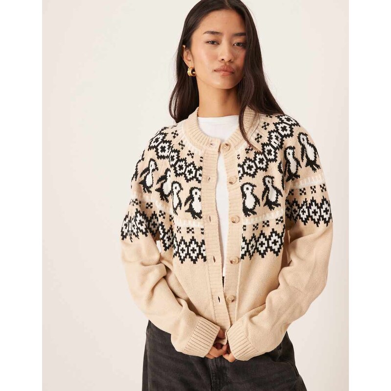 ASOS DESIGN penguin detail yoke cardigan in beige-Neutral