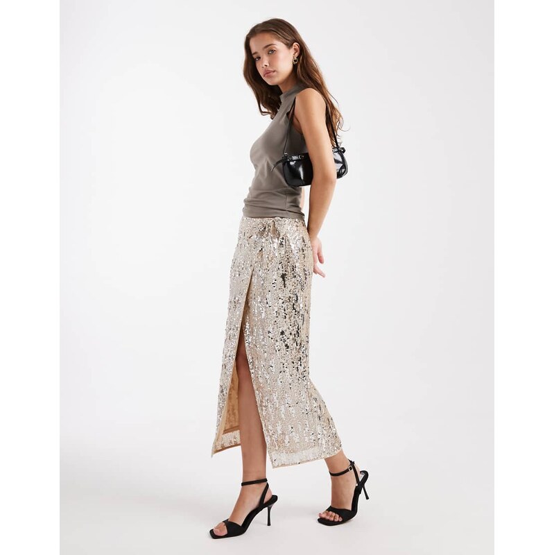 ASOS DESIGN mixed sequin wrap midi skirt in champagne-Gold