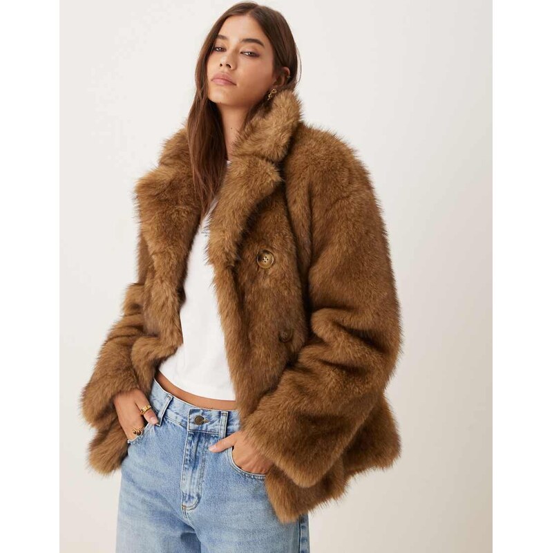 Urbancode double breasted button detail faux fur coat in brown 109614888