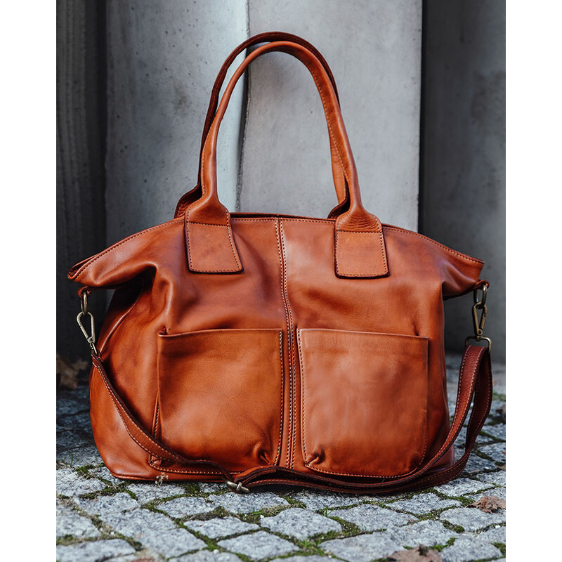 Hnědá kožená prostorná shopper kabelka MARCO MAZZINI 85878669