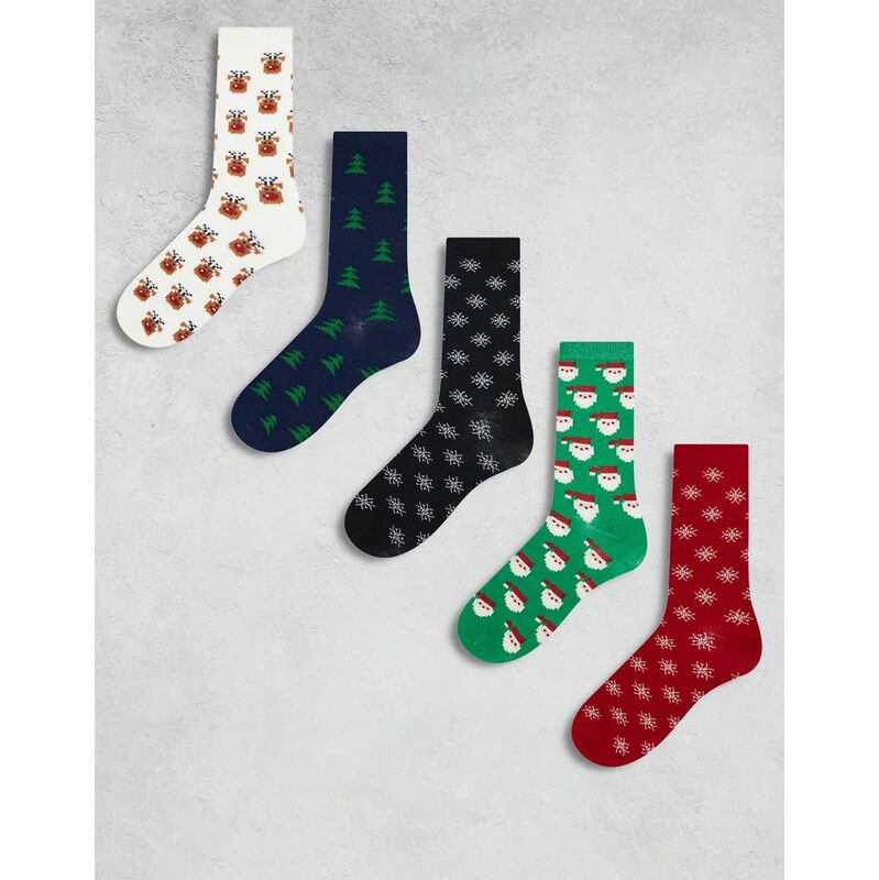 Brave Soul 5 pack christmas socks in multi prints 109614553