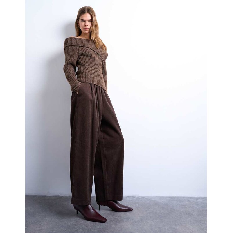 Topshop cord wide leg awkward length trouser in brown