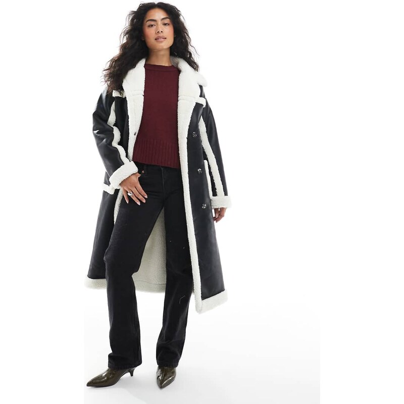 Wednesdays Girl belted faux shearling midaxi coat in black and cream 109614836