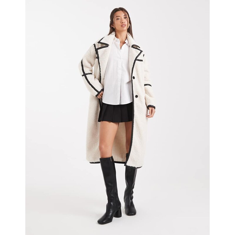 Wednesdays Girl longline fluffy borg midaxi coat in cream-White