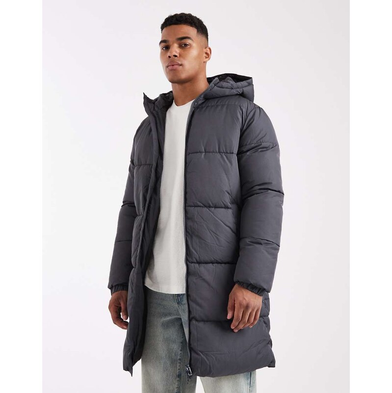 JJ Rebel longline padded coat in dark grey
