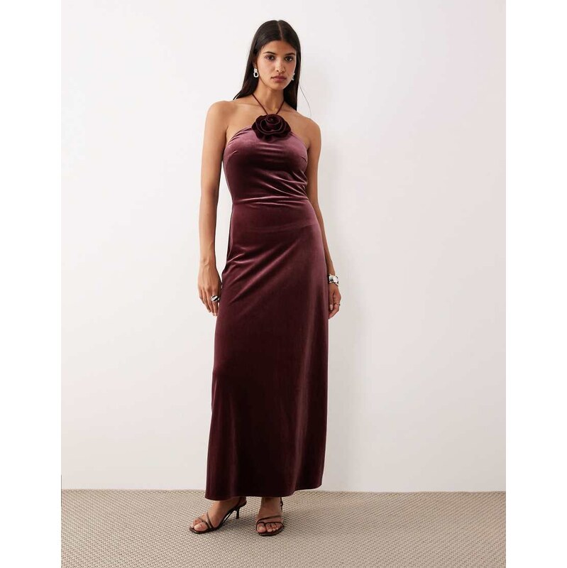 YAS velvet halterneck maxi dress with rosette in burgundy-Red