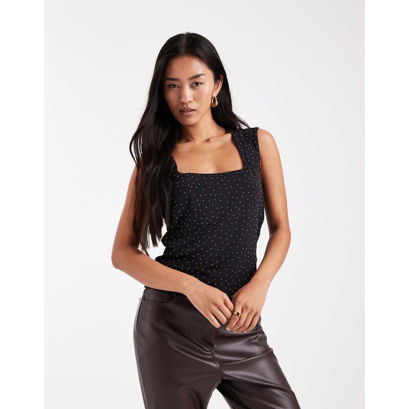 Vero Moda reversible square neck slinky top with all over diamante 115746230