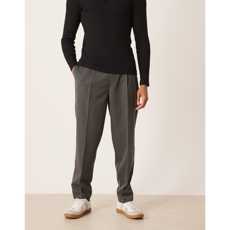 ASOS DESIGN smart pleated oversized tapered trousers in charcoal