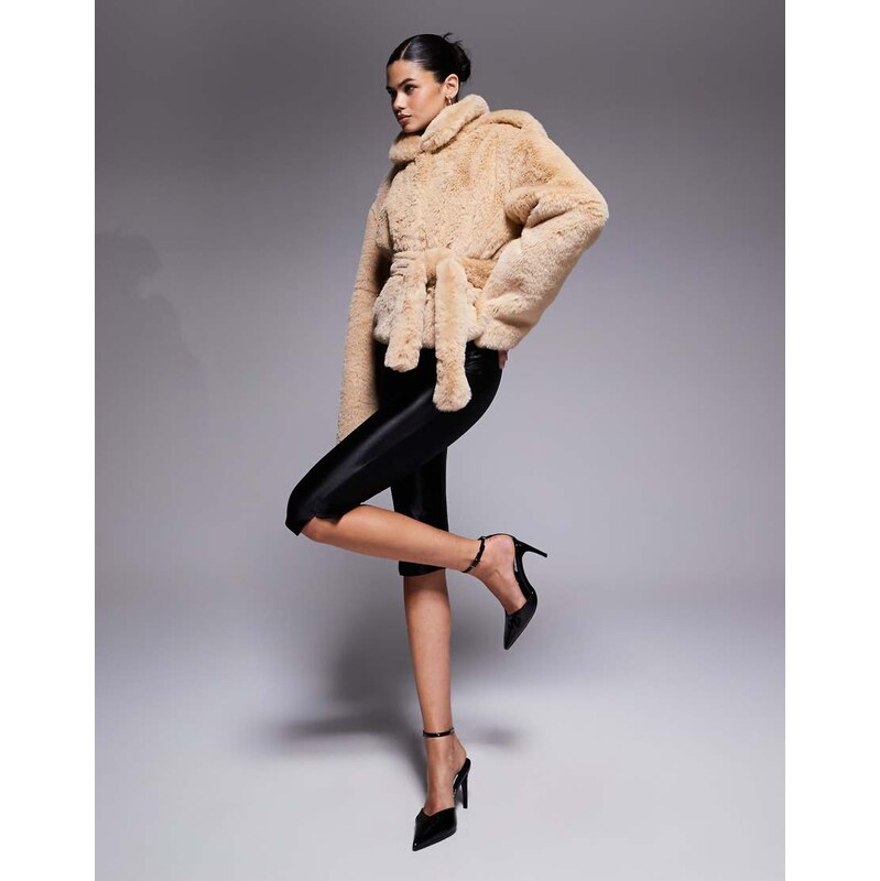 Aria Cove faux fur funnel neck belted jacket in camel-Neutral 109652792