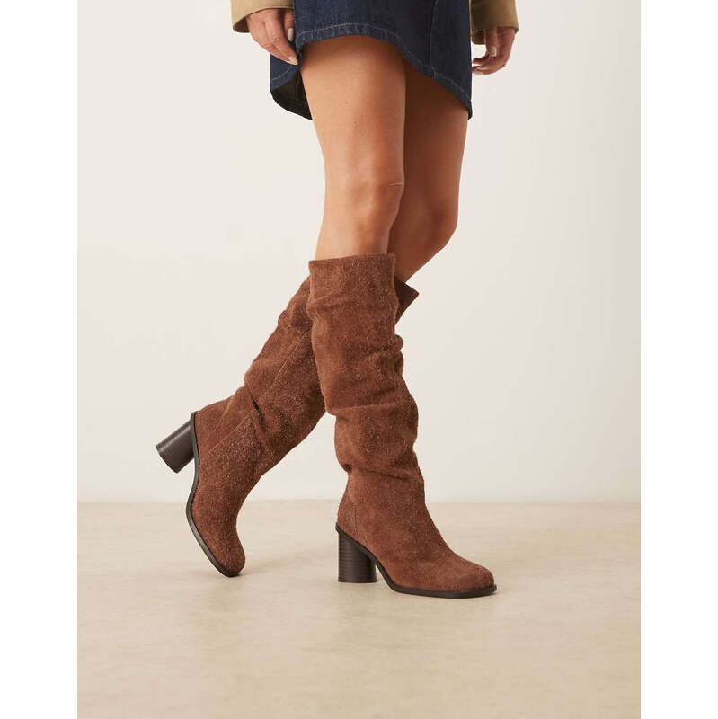 ASOS DESIGN Carolina leather slouchy heeled knee boots in brown 110434926