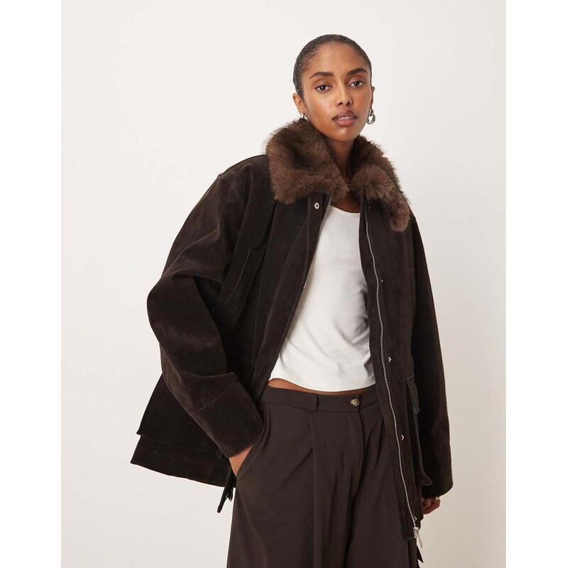 Mango cotton parka jacket with faux fur collar in brown