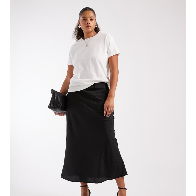 New Look Plus New Look Curve polka dot satin bias midi skirt in
