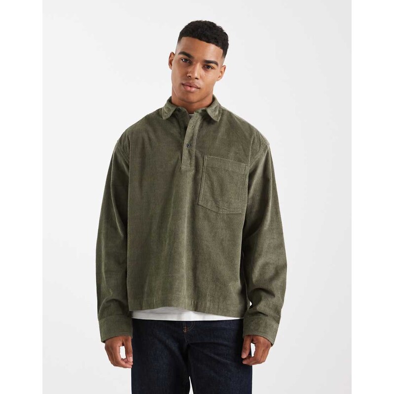 ASOS DESIGN boxy oversized cord rugby shirt in khaki-Green