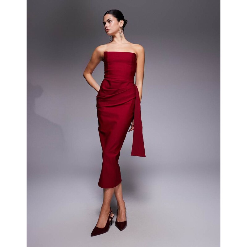 Vesper bengaline bandeau square edge drape front midi dress in