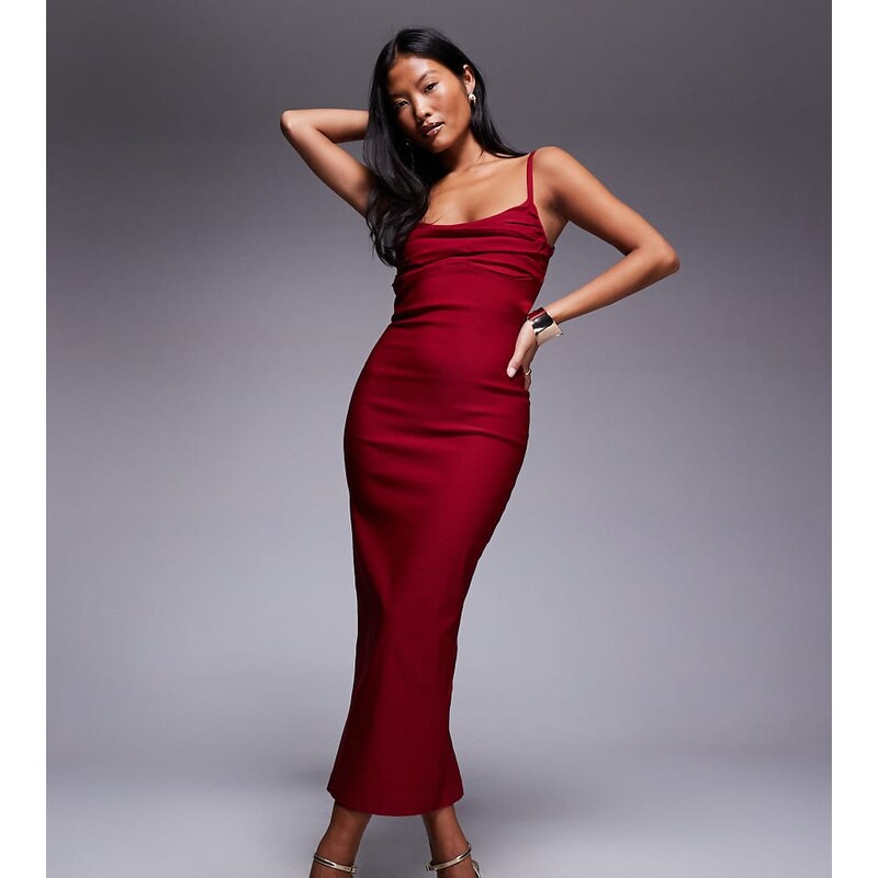 Vesper Petite bengaline cami ruched bust midaxi dress in wine