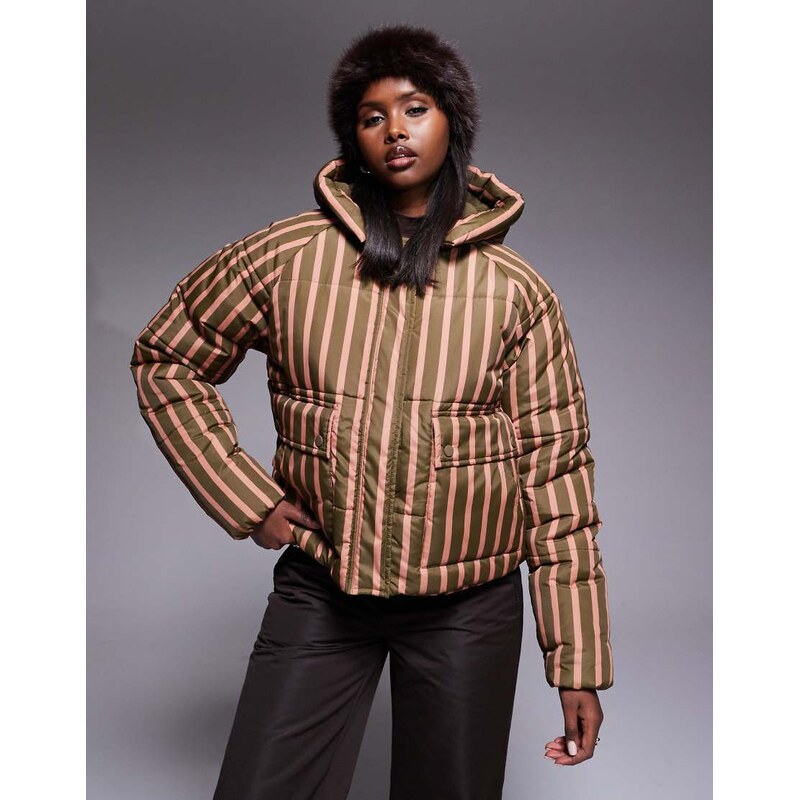 Threadbare Ski stripe puffer coat with hood in green and pink
