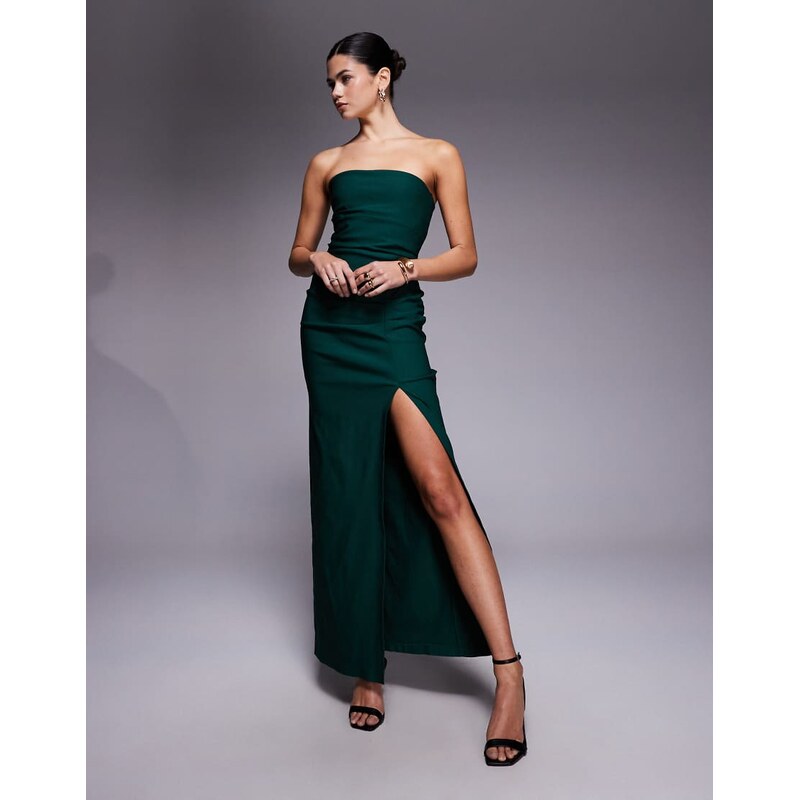 Vesper bengaline bandeau ruched split front maxi dress in forest green 115537520