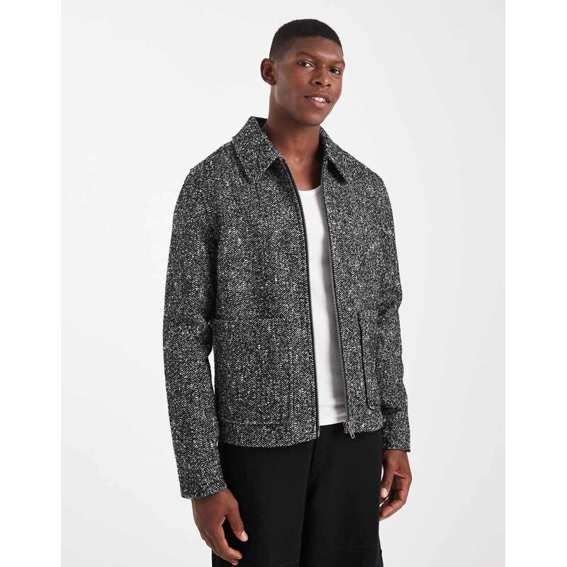 ASOS DESIGN wool look harrington jacket in black herringbone