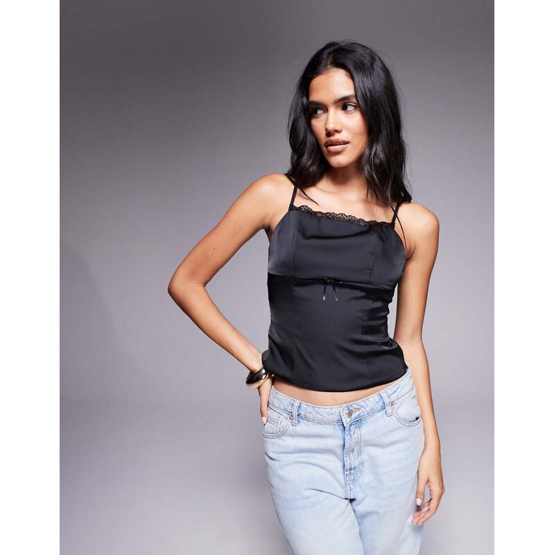 Brave Soul satin fitted cami top with bow detail in black 109620403