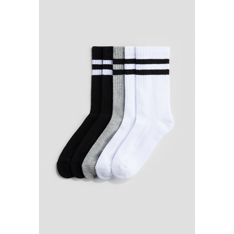 H&M - Žebrované froté ponožky 5 párů - Bílá/Černá