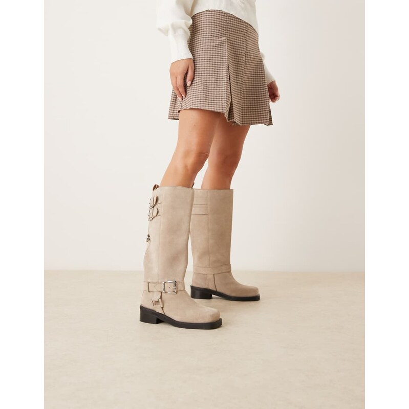 ASOS DESIGN Crest suede harness biker knee boots in stone-Neutral 110432541
