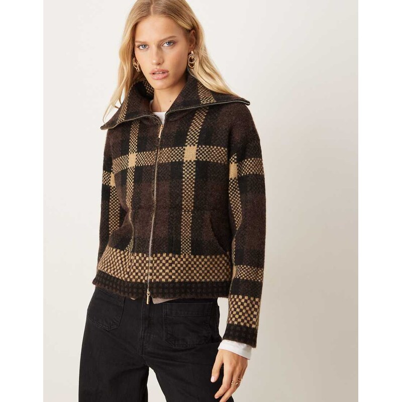 JDY open collar zip cardigan in brown checks 109635299