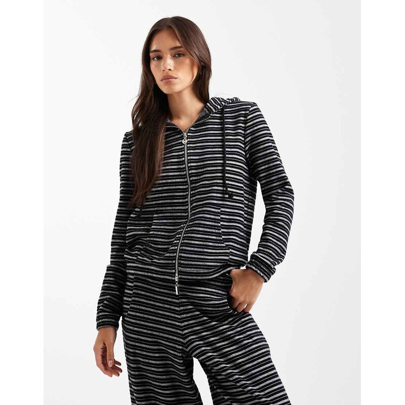 Daisy Street fitted hooded zip up top in charcoal stripe co-ord-Grey 109635340