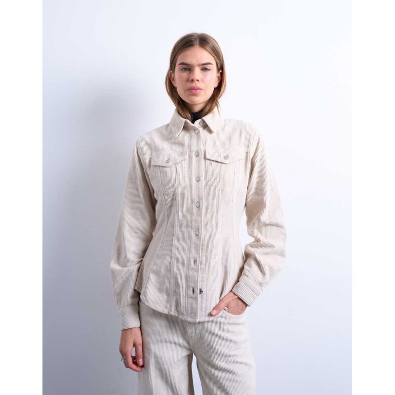 Topshop cinch detail shirt in pearl cord-White