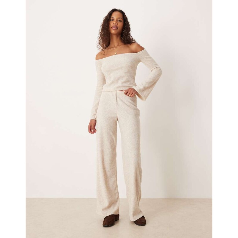 ASOS DESIGN co-ord brushed rib wide leg trousers in oatmeal