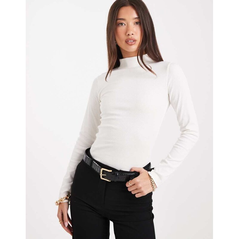 New Look ribbed stand neck long sleeve top in cream-White 115625656