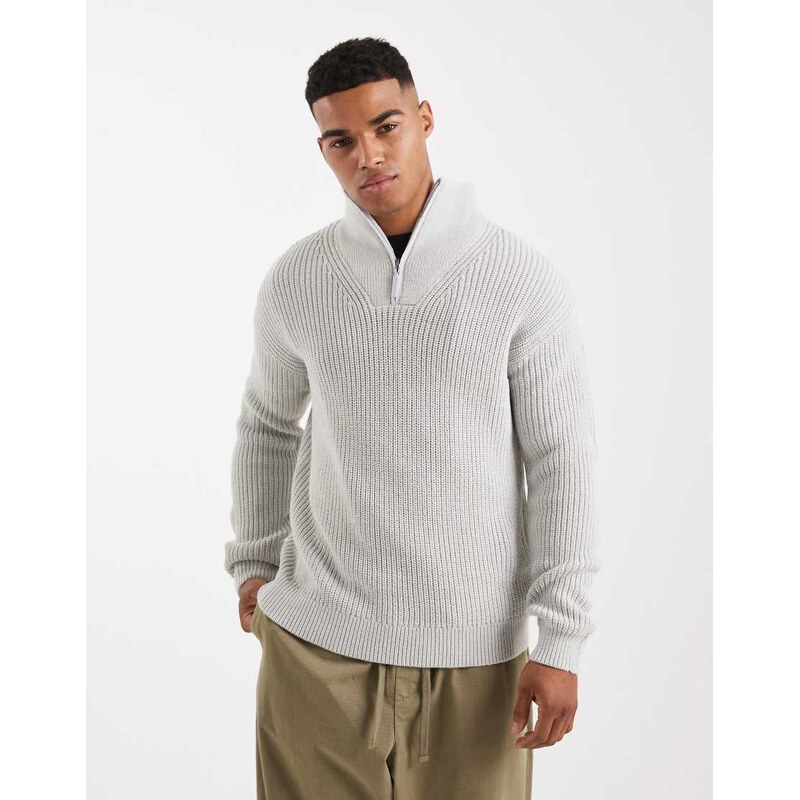 New Look fisherman knit 1/4 zip jumper in grey marl