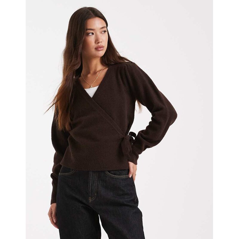 New Look wrap jumper in dark chocolate brown 109635379