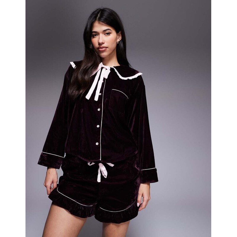 River Island velvet frill collar pyjama set in dark purple 109635410